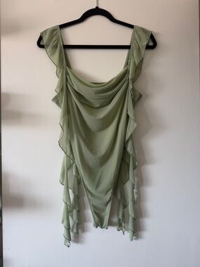 Shein|Sage Green Draped Mesh Ruffle Bodysuit|Large|EUC|Fairycore